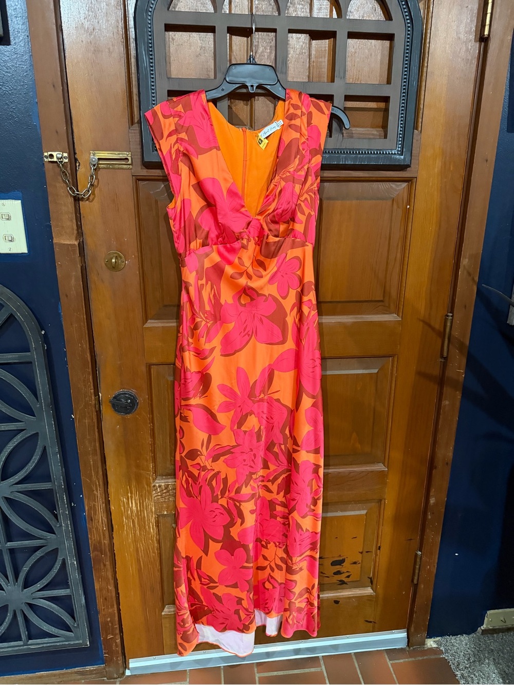 Vibrant Orange Maxi Dress with Pink Floral Print